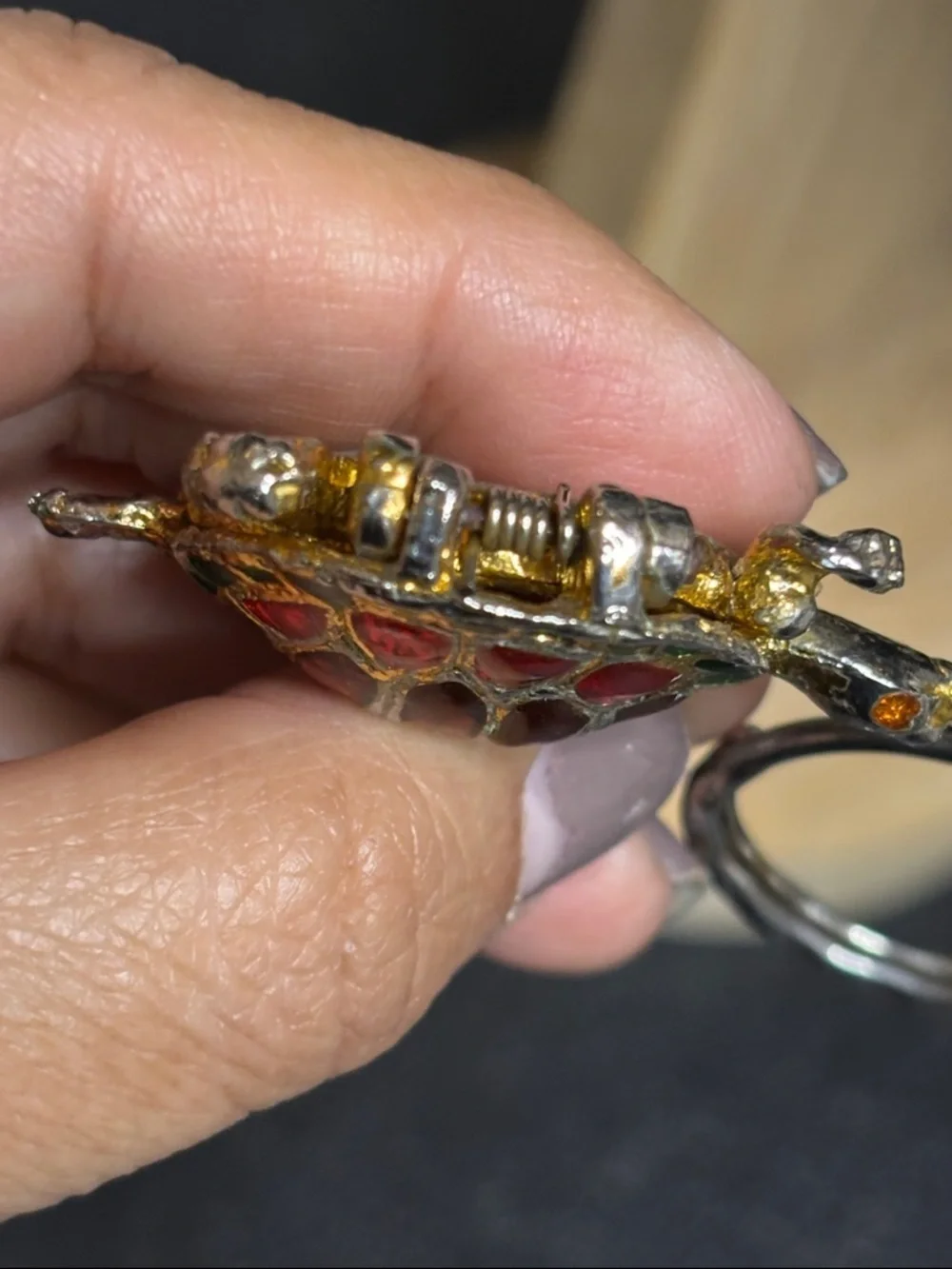 Vintage Bangkok Thailand Turtle Enamel Gold Tone Key Chain Fob Locket Hinged Box